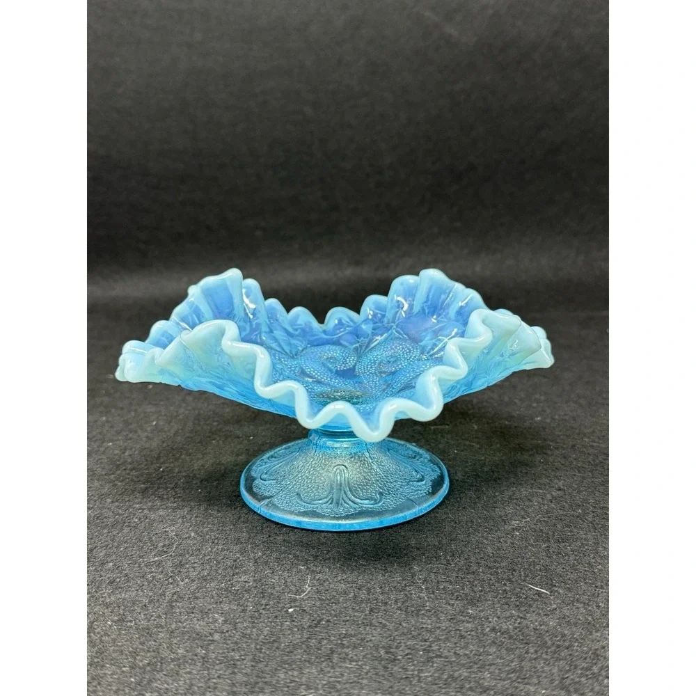 Dugan Blue Opalescent Question Marks Pedestal Bowl Carnival Glass Vintage